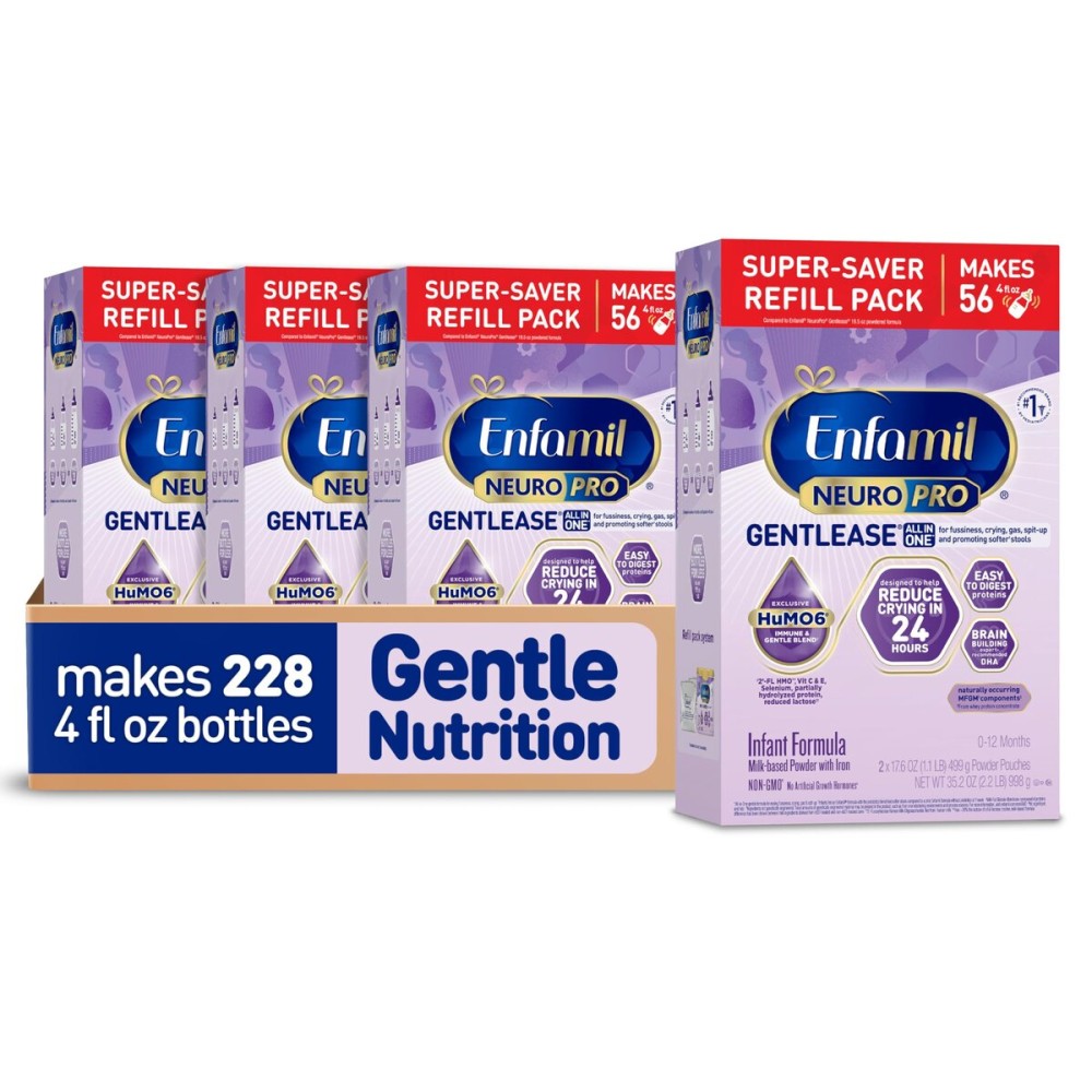 Enfamil NeuroPro Gentlease Baby Formula, Brain Building DHA, HuMO6 Immune Blend, Designed to Reduce Fussiness, Crying, Gas & Spit-up in 24 Hrs, has Prebiotics to Promote Softer Stools, Baby Milk, 35.2 Oz (Pack of 4)