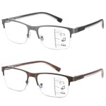 Progressive Reading Glasses Men Bifocal Transition Multifocal Reader No Line Multifocus Blue Light Computer Large Frame Half Rimless Metal Extra Wide Designer Cheater Square Eyeglasses 2 Packs 2.0