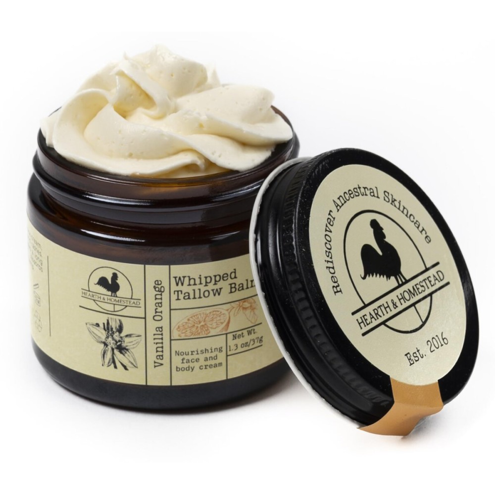 Hearth and Homestead: Handmade Whipped Tallow Balm (Vanilla Orange) - Organic Body Butter with Infused Olive Oil, for Eczema, Rosacea, Baby - 1.3 oz