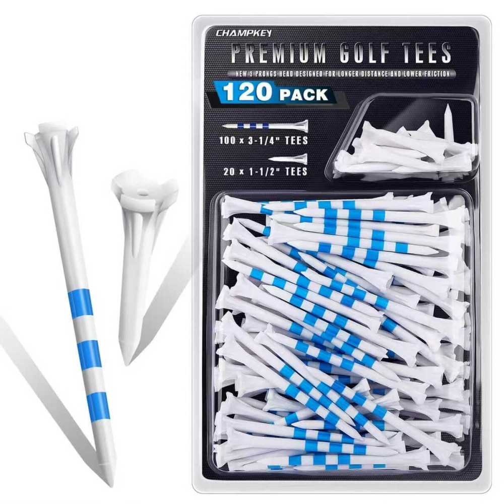CHAHMPKEY Premium 3-Prong Plastic Golf Tees 3-1/4 120 or 100 Pack- 40% Reduced Ball Contact with High Stability and Long Distance Performance Golf Tees Plastic(120 Assorted Pack - 3-1/4)
