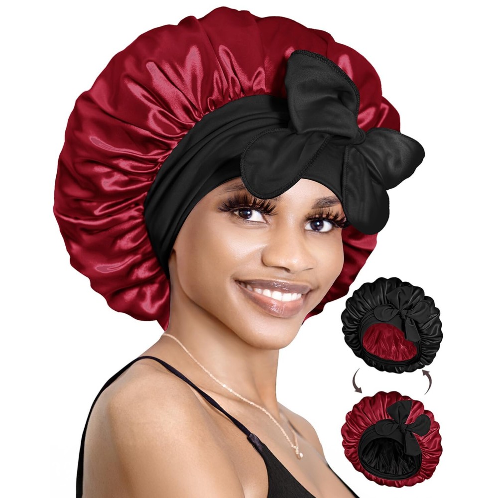 BONNET QUEEN Silk Bonnet for Sleeping Satin Bonnet with Tie Hair Wrap Double Layer Sleep Cap for Women Curly Hair, Black Red