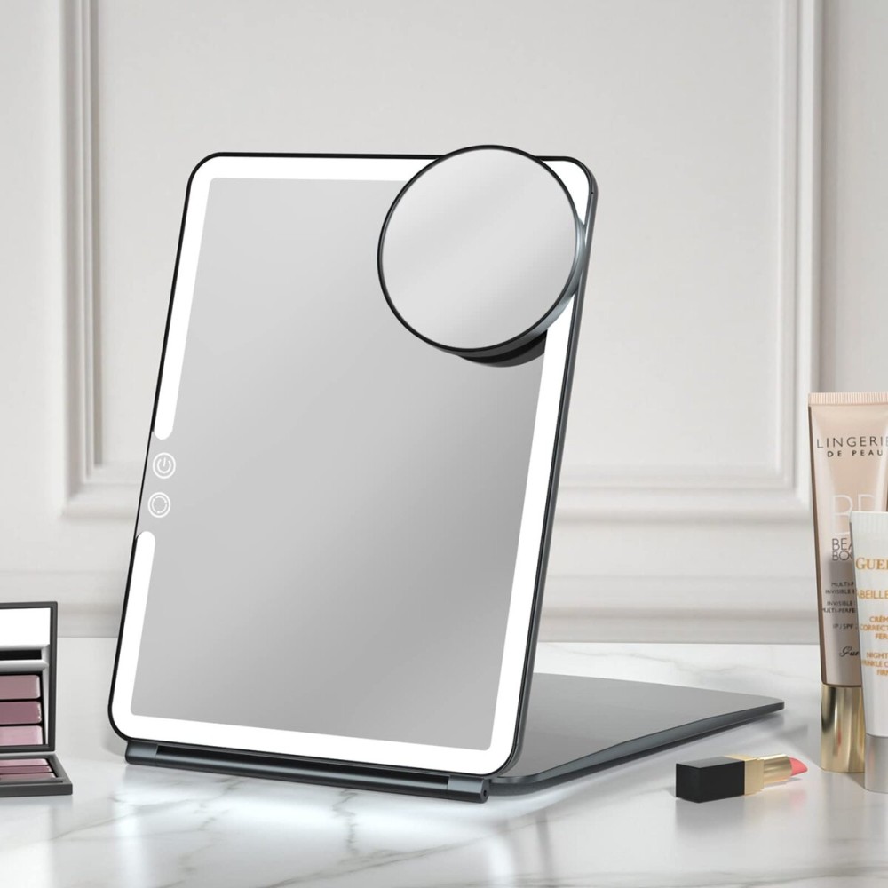 FUNTOUCH 10x7.5 Portable Large Travel Makeup Mirror with Light, 1800mAh Rechargeable Lighted Travel Makeup Mirrors with 3 Color Lights, Dimmable Folding Light Up Make up Mirror with Small 10x Mirror