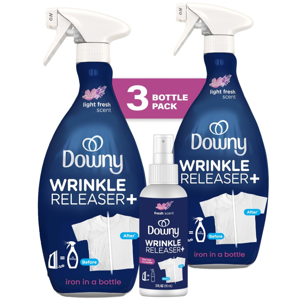 Downy Wrinkle Releaser Spray, Travel Size Spray + 16.9 Fl Oz Pack of 2, All In One Formula, Removes Wrinkles, Static and Odors, Light Fresh Scent