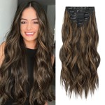 Fliace Clip in Hair Extensions for Women Black with Caramel Highlights Long Wavy Hair Extensions Clip Ins 6PCS 20 Inch Synthetic Soft and Natural Thick Hair Pieces for Women