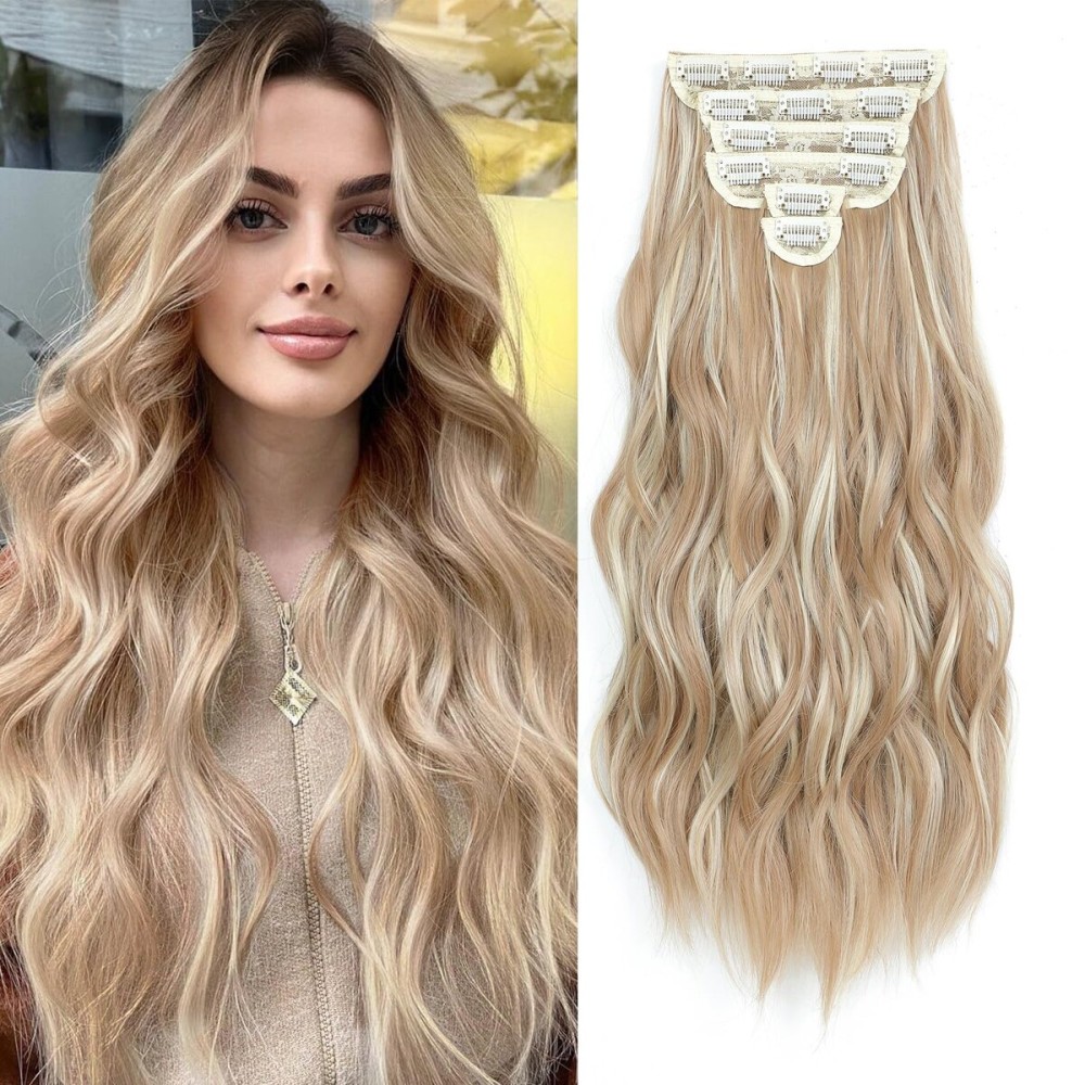 Fliace Clip in Hair Extensions for Women Honey Blonde with Platinum Highlights Long Wavy Hair Extensions Clip Ins 6PCS 20 Inch Synthetic Soft and Natural Thick Hair Pieces for Women