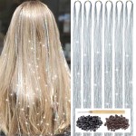 Silver Hair Tinsel Kit with Tool 6pcs 1200 Strands Glitter Tinsel Hair Extensions Heat Resistant Sparkling Shiny Fairy Hair Accessories for Women Girls Kids 47Inch