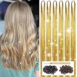 Gold Hair Tinsel Kit with Tool 6pcs 1200 Strands Glitter Tinsel Hair Extensions Heat Resistant Sparkling Shiny Fairy Hair Accessories for Women Girls Kids 47Inch