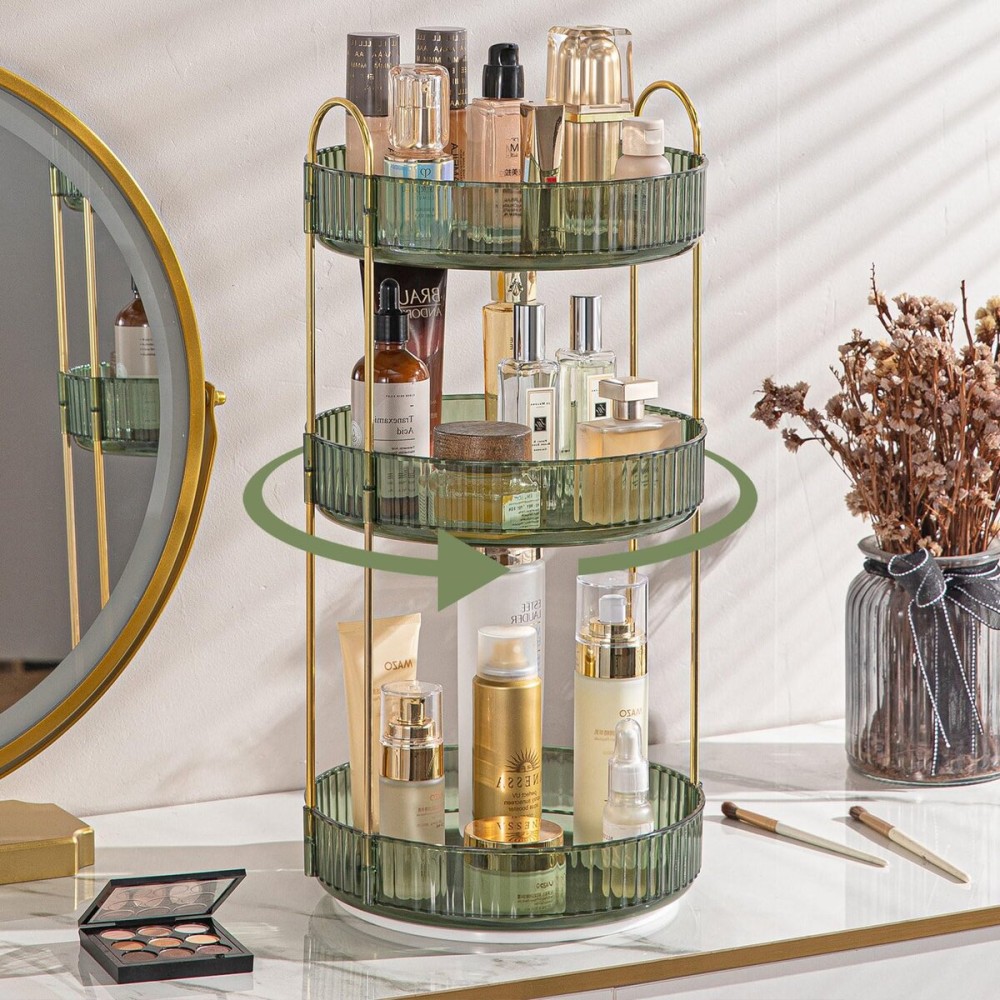 shuang qing Rotating Makeup Organizer for Vanity, High-Capacity Skincare Clear Make Up Storage Perfume Organizers Cosmetic Dresser Organizer Countertop 360 Spinning (Green, 3 Tier)