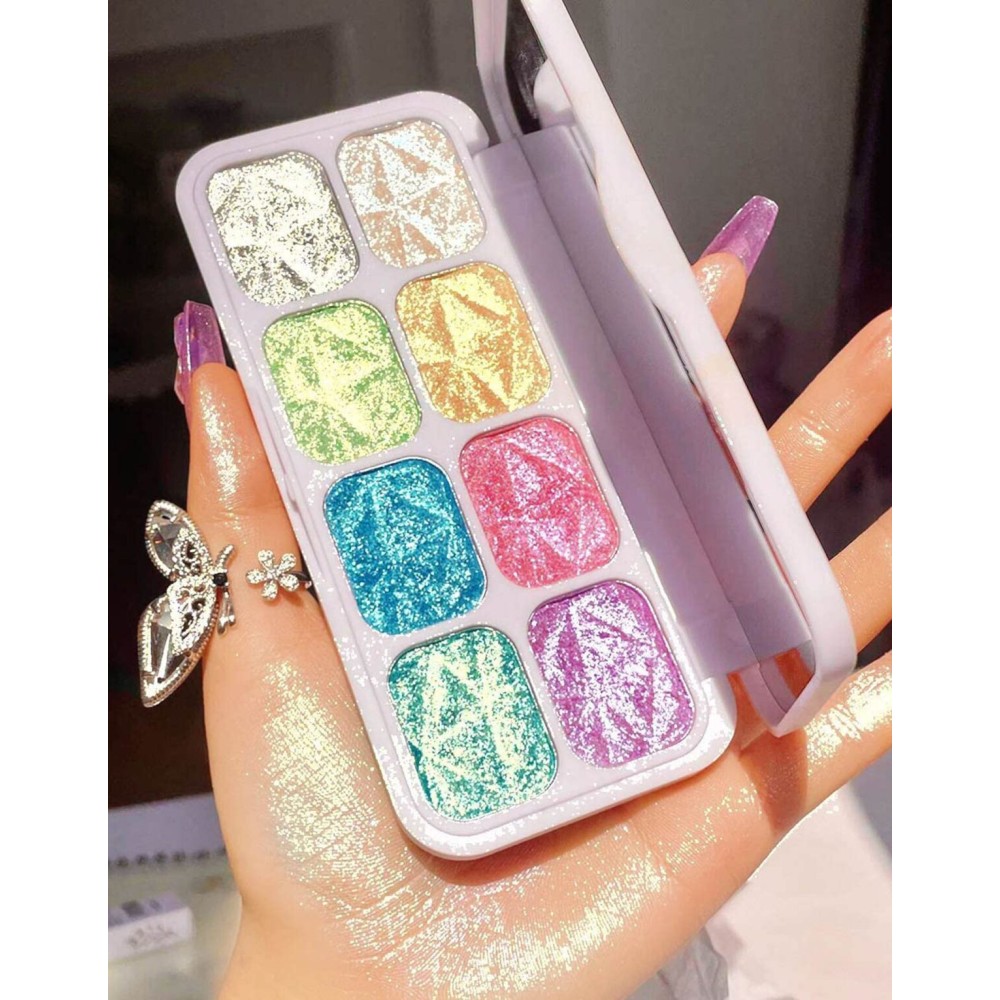8 Color Face Cheek Highlighter Makeup Palette Shimmer Glitter Iridescent Multichrome Holographic Eyeshadow Palette Purple Rainbow Glitter Highlighter Makeup Highlight and Contour Chrome Eye Make up