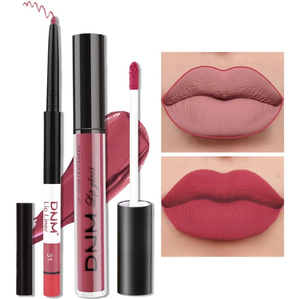 evpct 2Pcs Rose Red Pink Mauve Neutral Color Lip Liner and Matte Lipstick Makeup Sets Vegan Lipstick Lip Liner and Gloss Set Lip Stain Long Lasting Waterproof 24 31
