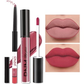 evpct 2Pcs Rose Red Pink Mauve Neutral Color Lip Liner and Matte Lipstick Makeup Sets Vegan Lipstick Lip Liner and Gloss Set Lip Stain Long Lasting Waterproof 24 31