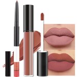 evpct 2Pcs Reddish Brown Neutral Color Lip Liner and Matte Lipstick Makeup Sets Vegan Lipstick Lip Liner and Gloss Set Lip Stain Long Lasting Waterproof 24 33