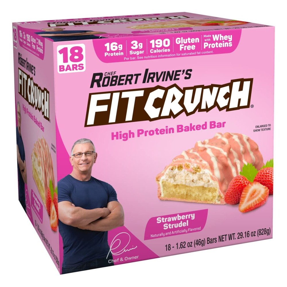 FITCRUNCH Snack Size Protein Bars, 6-Layer Baked Bar, 3g of Sugar & Soft Cake Core (18 Bars, Strawberry Strudel)