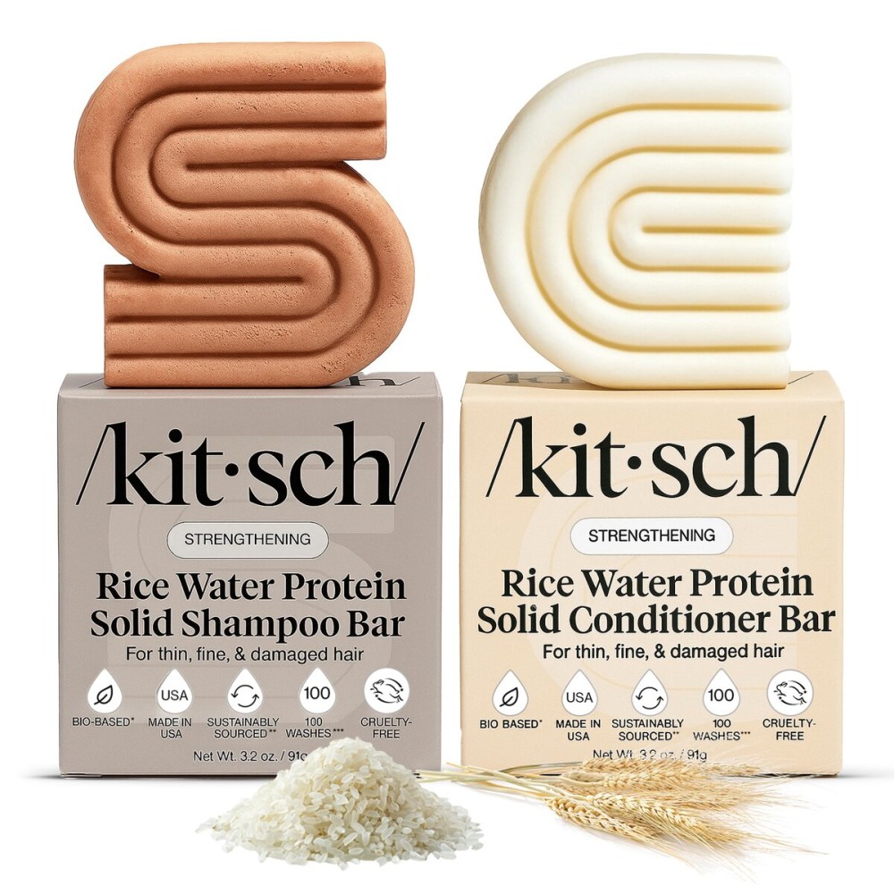 Kitsch Rice Water Protein Solid Shampoo and Conditioner Set for Hair Growth - Strengthening Hair Care Duo w/Rice Protein & Vitamins for Damage Repair - Paraben, Sulfate & Silicone Free, Made in USA