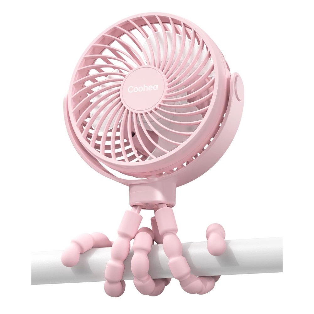 Coohea Stroller Fan Clip on for Baby, 4000mAh Rechargeable Battery Operated, Flexible Tripod, 3 Wind Speed, 360 Rotatable, Small Portable Fan for Car Seat Crib Backseat Beach Travel Camping, Pink