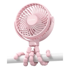 Coohea Stroller Fan Clip on for Baby, 4000mAh Rechargeable Battery Operated, Flexible Tripod, 3 Wind Speed, 360 Rotatable, Small Portable Fan for Car Seat Crib Backseat Beach Travel Camping, Pink
