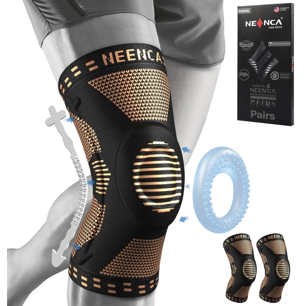 NEENCA 2 Pack Knee Braces for Knee Pain, Compression Knee Sleeves with Patella Gel Pad & Side Stabilizers, Knee Support for Men Women, Meniscus Tear, Arthritis, Joint Pain, ACL,PCL,MCL,Runner, Workout