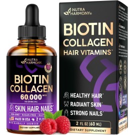 Liquid Biotin & Collagen 60,000 mcg - Vitamins for Hair Growth Support - Extra Strength Drops for Women & Men - Liquid Collagen Supplement - Strong Nails & Healthy Skin - Made in USA - 2 Fl Oz