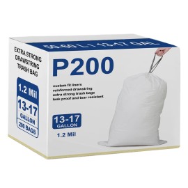 Code P 200 Count Drawstring Trash Bags 1.2 Mil THICK Heavy Duty White Garbage Can Liners Compatible with simpIehuman Code P 13-17 Gallon / 45-65 Liter Heavy Duty Plastic Trash Bags GRAND SAVE!