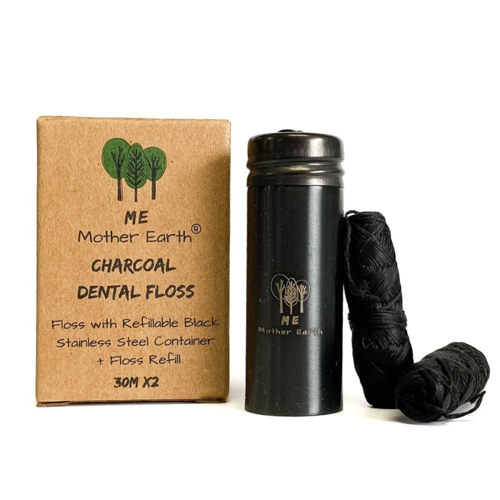 Vegan Biodegradable Bamboo Charcoal Dental Floss with Refillable Black Stainless Steel Container | 30M x2 | Extra Floss| Natural Candelilla Wax | Peppermint | Zero Waste Oral Care