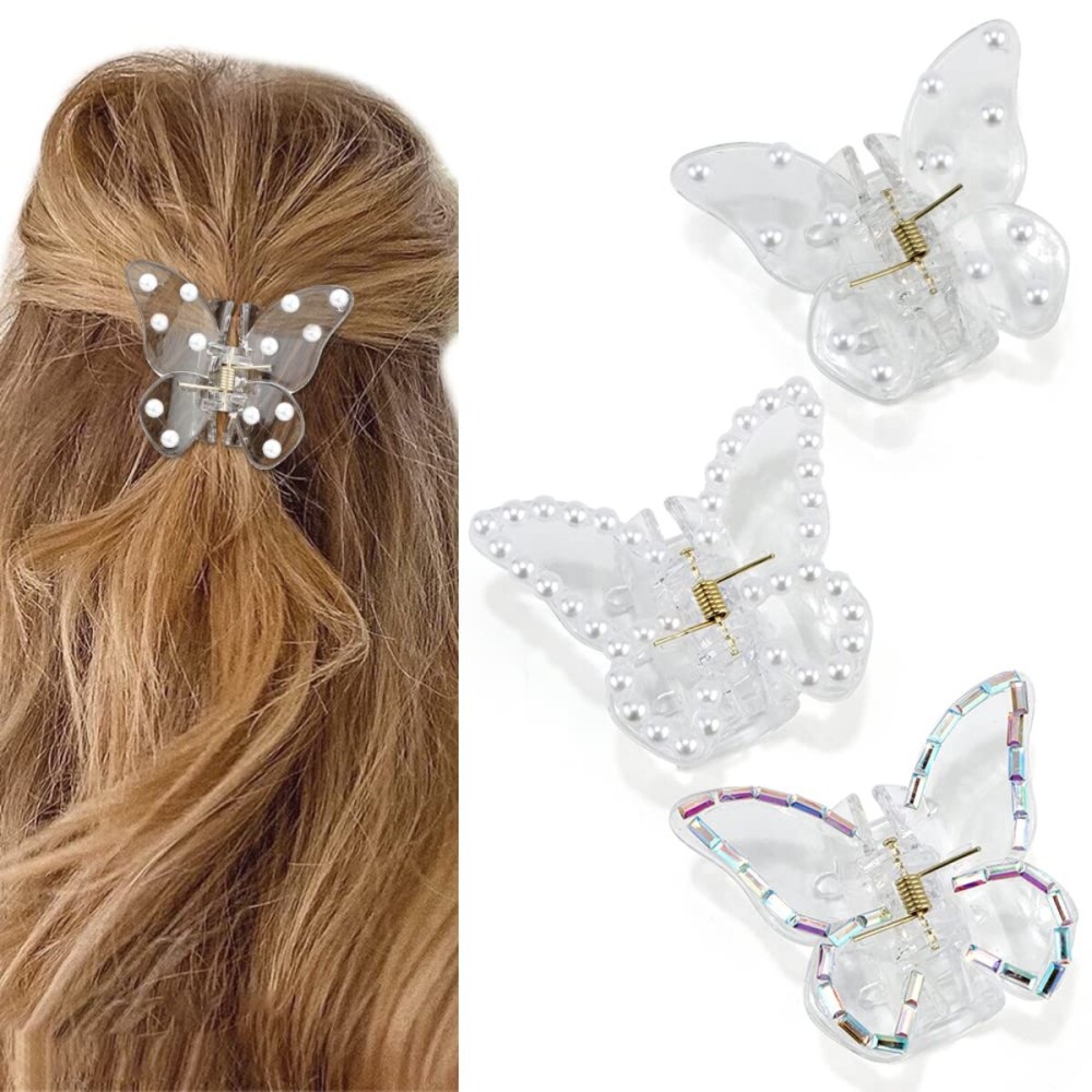 Canitor Butterfly Claw Clips 3Pcs: Butterfly Hair Clips for Women - Clear, Pearl - Thick, Thin Hair - Elegant, Medium Size