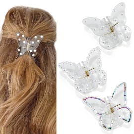 Canitor Butterfly Claw Clips 3Pcs: Butterfly Hair Clips for Women - Clear, Pearl - Thick, Thin Hair - Elegant, Medium Size