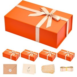 LIFELUM Christmas Gift Boxes 13.85 x 8.35 x 4.45 inch 5 Pack Gift Boxes with Lids Contains Card, Ribbon, Shredded Paper Filler (Orange)