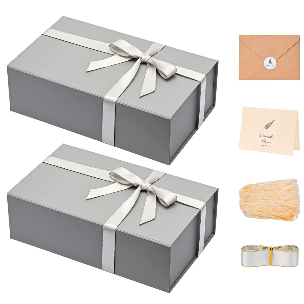 LIFELUM 2 Pack Large Gift Boxes with Lids,13.85 x 8.35 x 4.45 inch Gift Box Rectangle Collapsible Box Groomsmen Gift Boxes for Presents with Ribbon, Card, Shredded Paper Filler