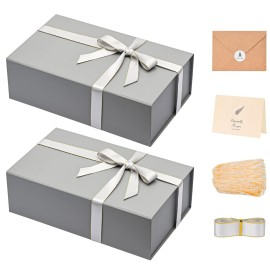 LIFELUM 2 Pack Large Gift Boxes with Lids,13.85 x 8.35 x 4.45 inch Gift Box Rectangle Collapsible Box Groomsmen Gift Boxes for Presents with Ribbon, Card, Shredded Paper Filler