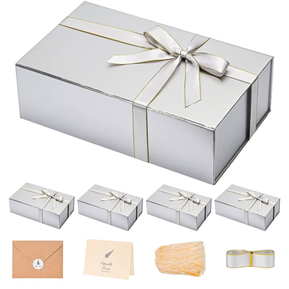 LIFELUM Gift Boxes with Lids,5 Pack 13.85 x 8.35 x 4.45 inch Silver Gift Boxes with Ribbon, Card, Shredded Paper Filler for Presents,Graduation,Christmas,Birthdays
