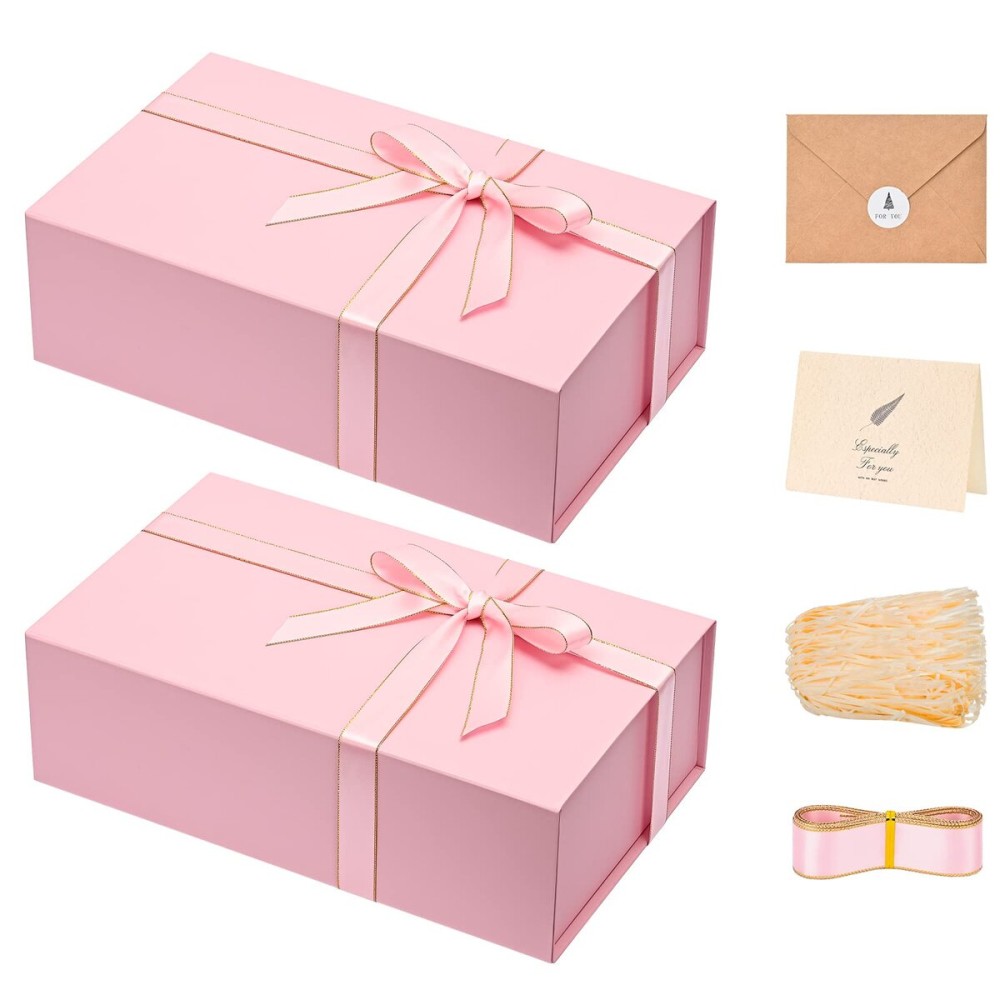 LIFELUM Gift Boxes for Presents, Extra Large Gift Box 2 Pack 13.85 x 8.35 x 4.45 inch with Magnetic Lid Pink Gift Box With Ribbon, Card, Shredded Paper Filler