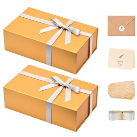 LIFELUM Gift Boxes with Lids,2 Pack 13.85 x 8.35 x 4.45 inch Gold Gift Boxes with Magnetic Lid and Ribbon, Card, Shredded Paper Filler Empty Gift Box for Christmas,Valentine\'s day,Birthdays