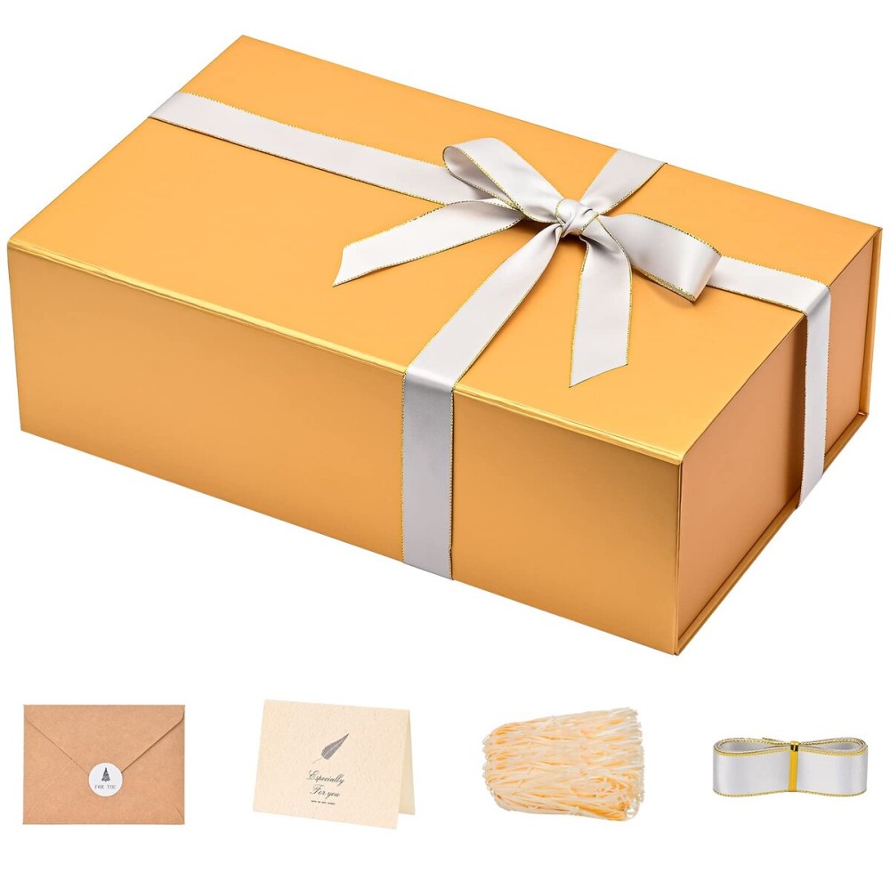 LIFELUM Gold Gift Boxes with Lids,1 Pack 13.85 x 8.35 x 4.45 inch Gift Box with Ribbon, Card, Shredded Paper Filler Gift Box for Valentine\'s day,Christmas,Birthdays, Bridal Gifts,Weddings