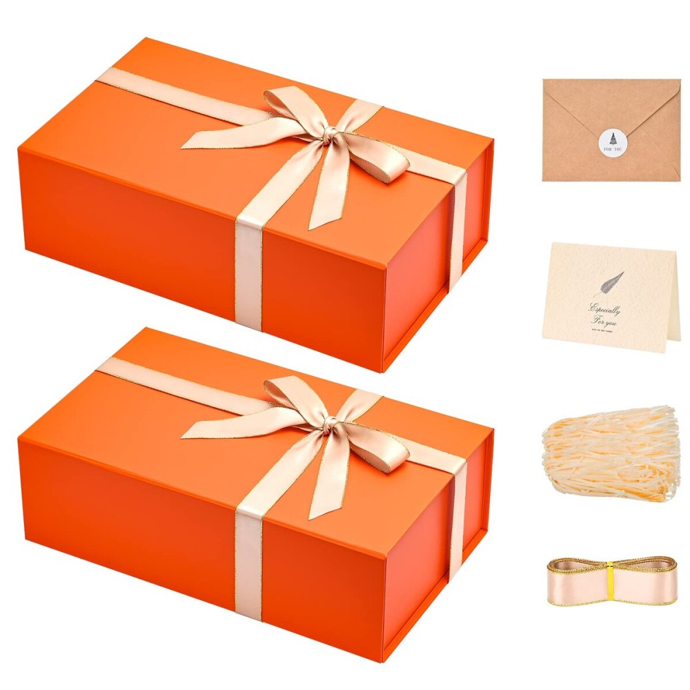 LIFELUM Orange Gift Boxes, 13.85 x 8.35 x 4.45 inch 2 Pack Gift Boxes with Lids Contains Card, Ribbon, Shredded Paper Filler for Holidays,Thanksgiving,Birthdays, Bridal Gifts,Weddings