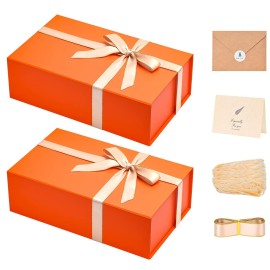 LIFELUM Orange Gift Boxes, 13.85 x 8.35 x 4.45 inch 2 Pack Gift Boxes with Lids Contains Card, Ribbon, Shredded Paper Filler for Holidays,Thanksgiving,Birthdays, Bridal Gifts,Weddings