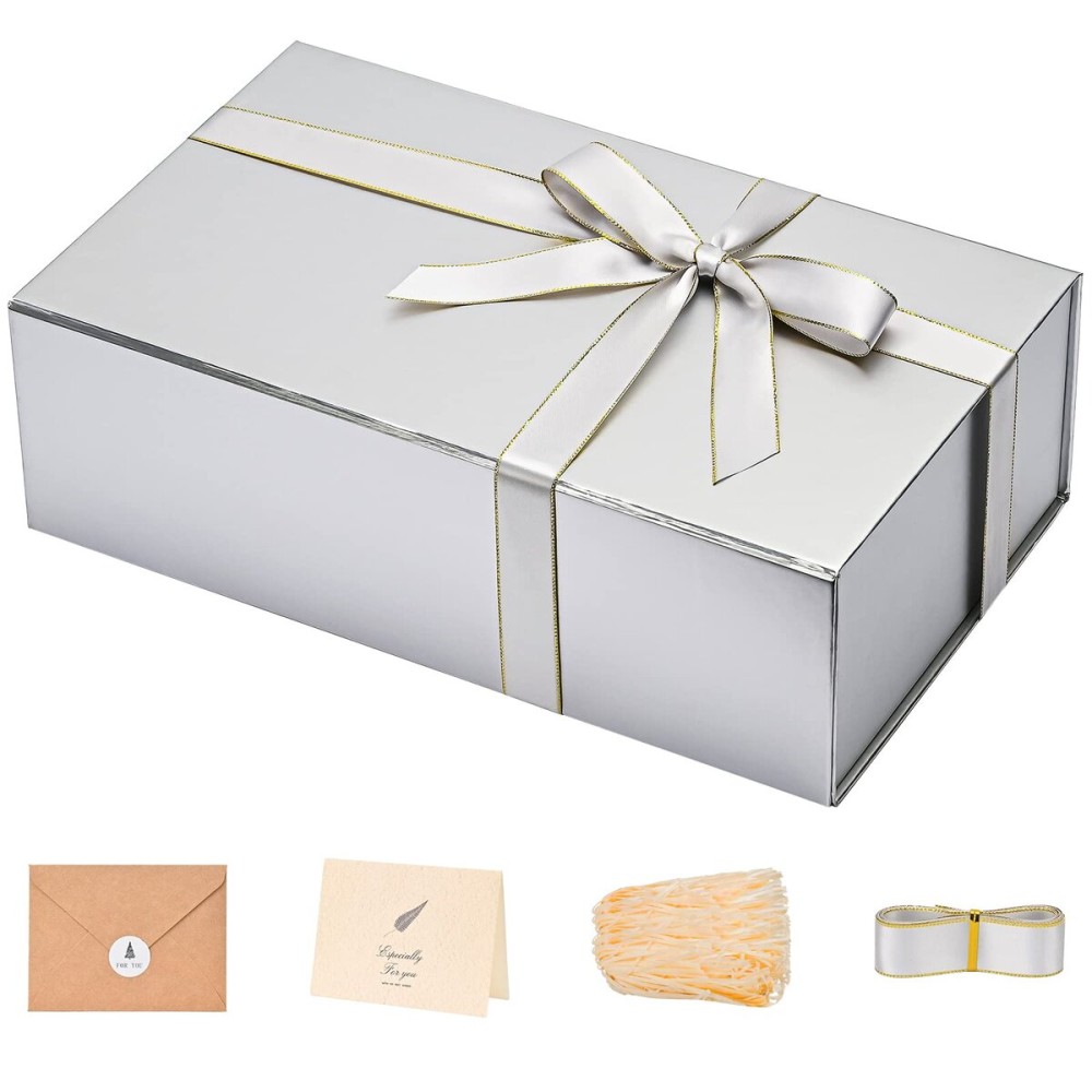 LIFELUM Gift Boxes with Lids, 1 Pack 13.8 x 8.3 x 4.4 inch Silver Gift Boxes with Ribbon, Card, Shredded Paper Filler for Presents, Graduation, Christmas, Birthdays