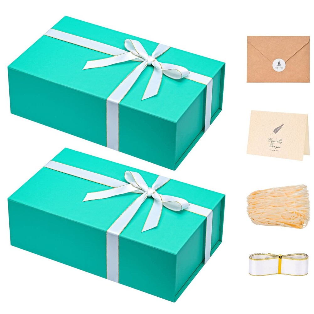 LIFELUM Green Blue Gift Box 13.85 x 8.35 x 4.45 inch, 1 Pack Big Gift Box with Magnetic Lid for Presents,Birthday, Bridesmaid Proposal Boxes Contains Ribbon, Card,Shredded Paper Filler