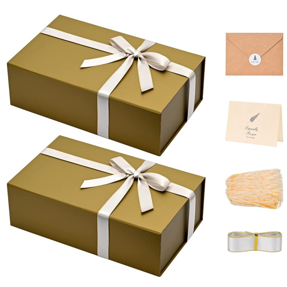 LIFELUM Empty Gift Boxes 2 Pack 13.85 x 8.35 x 4.45 inch Rectangle Collapsible Box with Magnetic Lid and Ribbon,Card,Shredded Paper Filler
