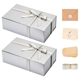 LIFELUM Large Gift Boxes with Lids, 2 Pack 13.8 x 8.3 x 4.4 inch Silver Gift Boxes with Ribbon, Card, Shredded Paper Filler for Presents, Graduation, Christmas, Birthdays