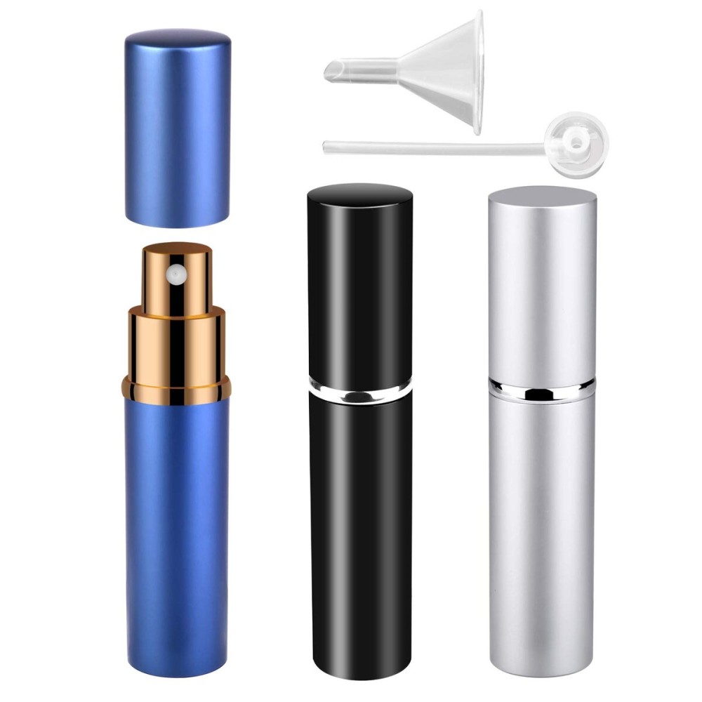 Zingso Portable Mini Refillable Perfume Bottle, 3 Pcs Travel Size Perfume Atomizer Empty Spray Bottle Case for Outdoor and Traveling with Funnel and Perfume Diffuser (B - 10ml (Black+Silver+Blue))