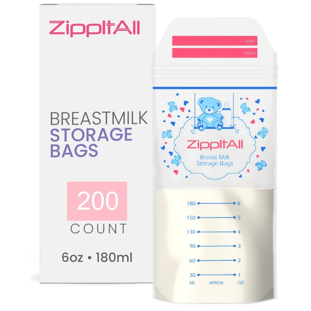 DiRose Breastmilk Storage Bags -6 oz 200 Count Double Zipper Leak Proof Capacity Extra Thick and Seal BPA/BPS Free/Disposable Pouches | Self-Standing Bag for Long and Safe Storing