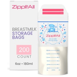 DiRose Breastmilk Storage Bags -6 oz 200 Count Double Zipper Leak Proof Capacity Extra Thick and Seal BPA/BPS Free/Disposable Pouches | Self-Standing Bag for Long and Safe Storing