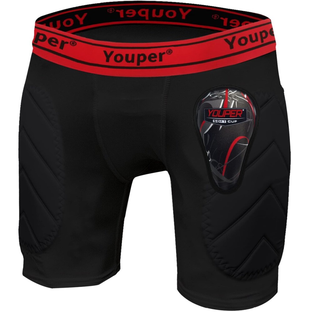 Youper Boys Youth Padded Sliding Shorts with Soft Protective Athletic Cup for Baseball, Football, Lacrosse (Black Red, X-Large)
