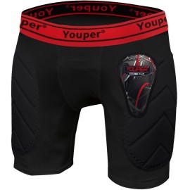 Youper Boys Youth Padded Sliding Shorts with Soft Protective Athletic Cup for Baseball, Football, Lacrosse (Black Red, X-Large)