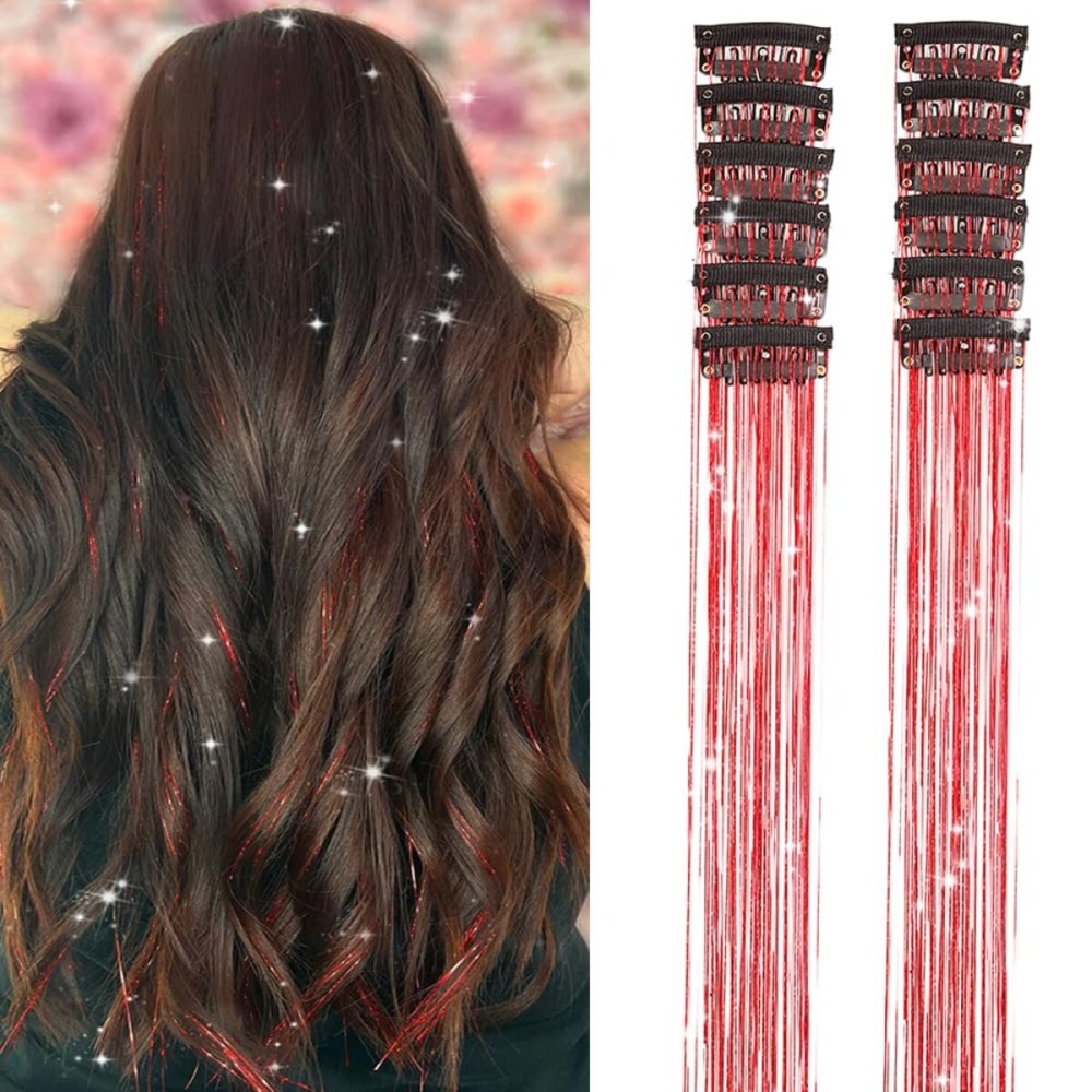 Hair Tinsel Pack of 12 Pcs Clip in Hair Tinsel Glitter Red Tinsel Hair Extensions, Festival Tinsel Fairy Hair Extension Party Dazzle Hair Accessories Strands Kit for Women Girls Kids(12Pcs,Red)