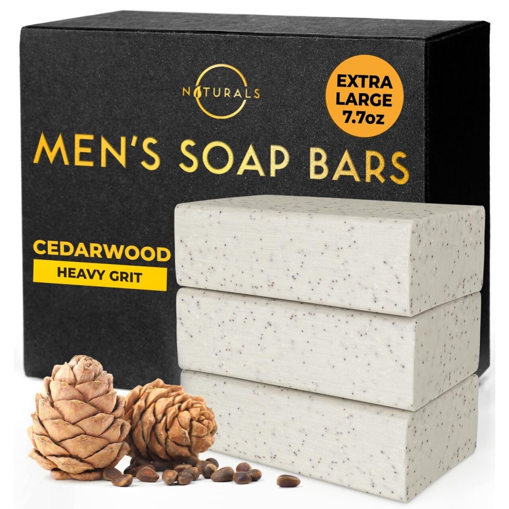 O NATURALS 7.76 oz (3PC) Exfoliating Soap Bar Cedarwood - Heavy Grit Mens Soap - All Natural Exfoliation Bar Soap for Men - Apricot Kernels Bar Soap - Face Soap Bar - Moisturizing Mens Face Bar Soap