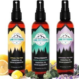 Lumi Outdoors Natural Shoe Deodorizer Spray 3 Pack Bundle - Lemon Eucalyptus, Citrus Tea Tree, Lavender Tea Tree