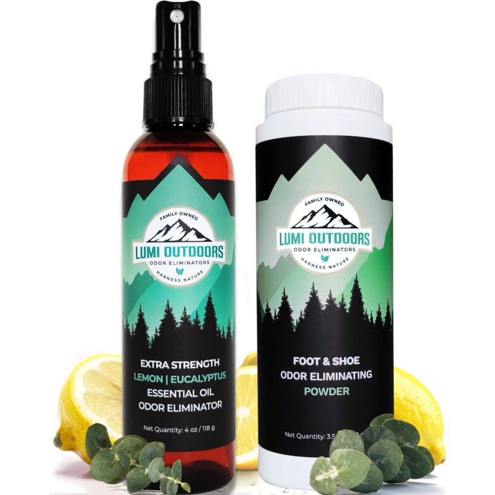 Lumi Outdoors Natural Shoe Deodorizer Spray and Foot Powder Bundle - Lemon Eucalyptus and Foot Powder