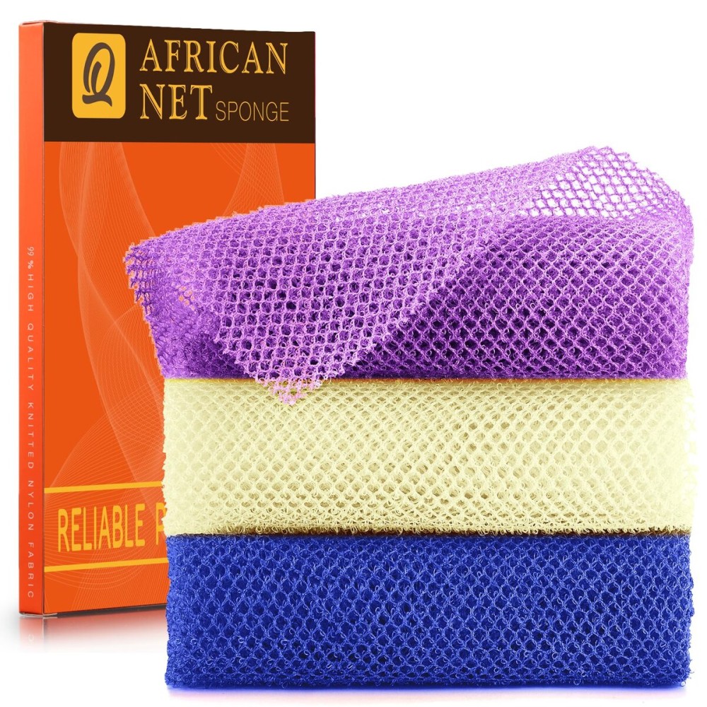 UJFQBH 3 Pieces African Bath Sponge African Net Long Net Bath Sponge Exfoliating Shower Body Scrubber Back Scrubber Skin Smoother,Great for Daily Use (Purple,Blue,Off-White)