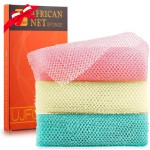 UJFQBH 3 Pieces African Net Sponge, African exfoliating net African Net Long Net Bath Sponge Exfoliating Shower Body Scrubber Back Scrubber Skin SmootherPink, Green, Off-White